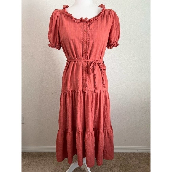 Chelsea & Violet Terracotta Button Front Ruffle Prairiecore Midi Dress Small - Picture 1 of 8